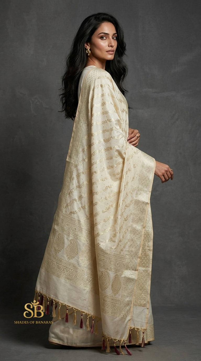 Ivory Pearl Creme Luxe Handloom Banarasi Katan Silk Dupatta - Shades of Banaras
