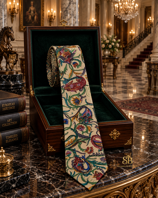 Ivory pure silk Banarasi handloom necktie with hand printed persian paisley design - Shades of Banaras