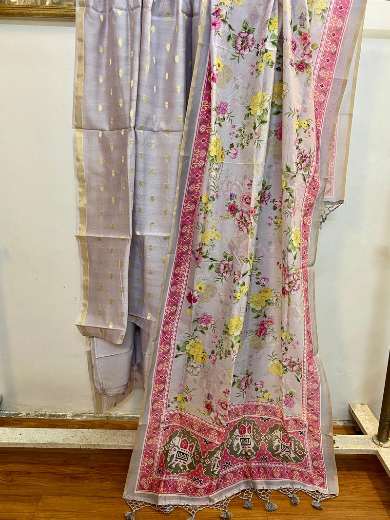 Lavender Banarasi Pure cotton handloom 3 pcs suit set - Shades Of Benares