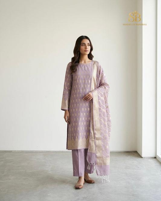 Lavender pure cotton silk Banarasi handloom unstitched suit set on grey backdrop
