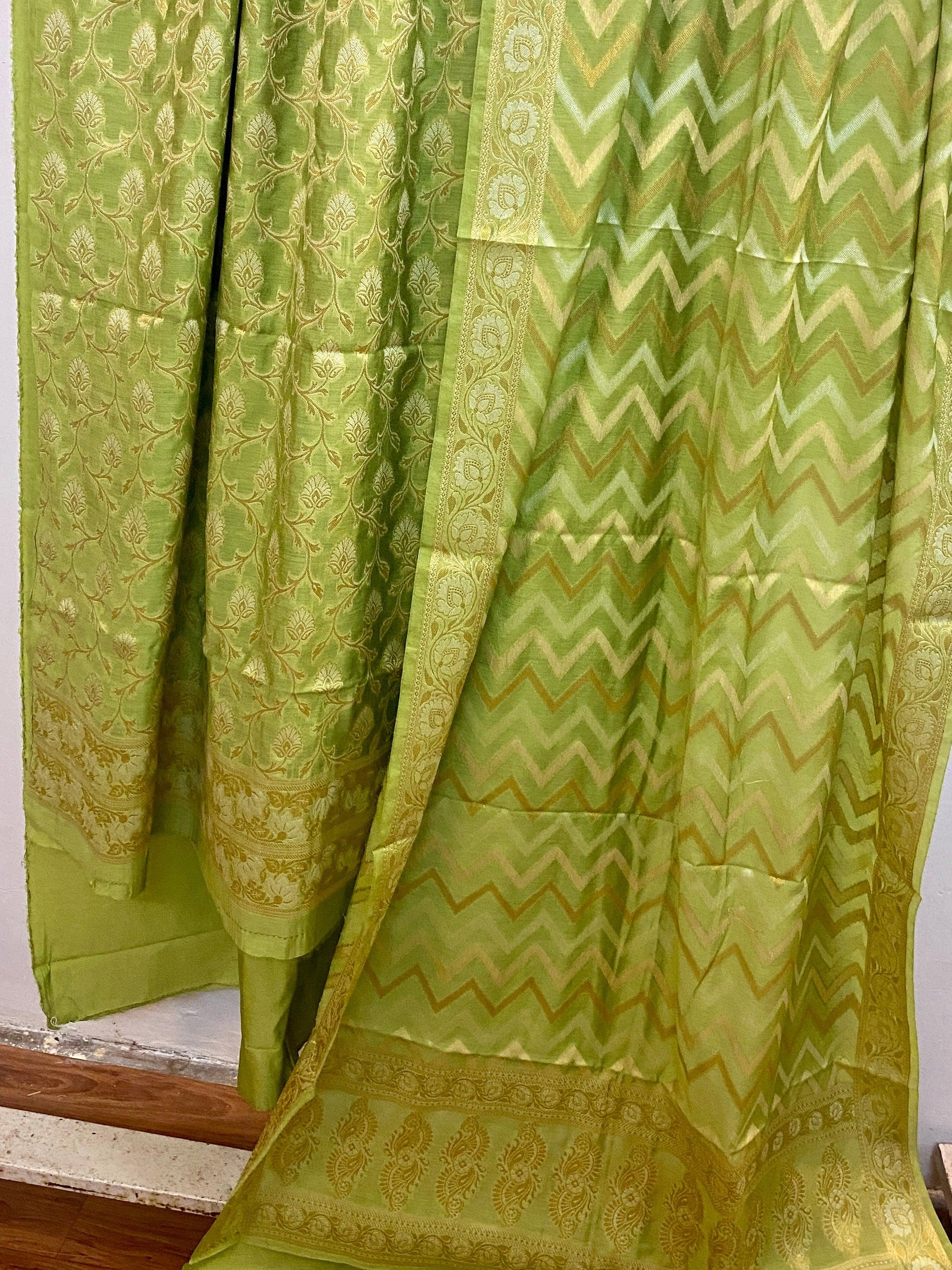 Light Green Banarasi cotton silk handloom 3 pcs suit set by Shades Of Benares - banarasi - banarasi saree shop