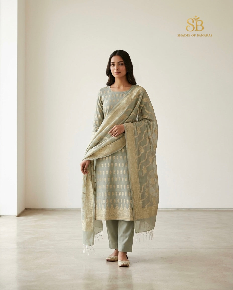 Sage green pure cotton silk Banarasi handloom unstitched suit set on white backdrop