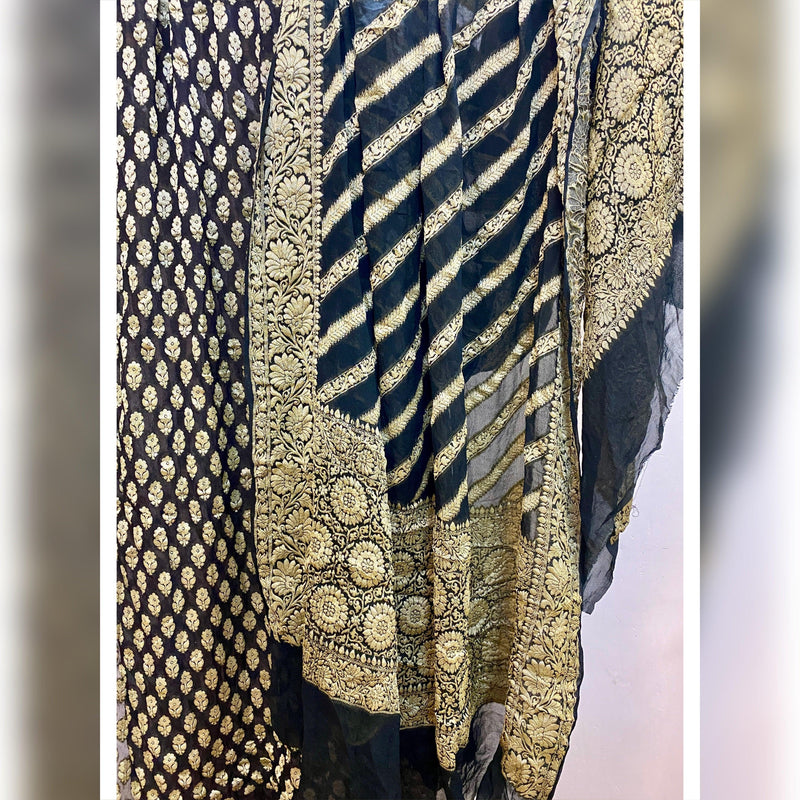 Luxurious Black 3 pcs Khaddi Georgette Banarasi Dress Material - Shades Of Benares
