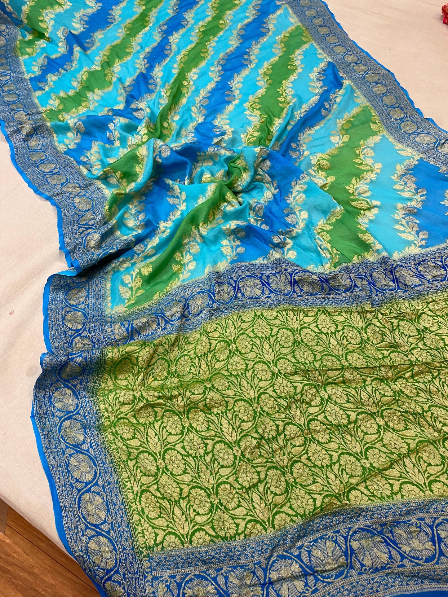 Luxurious Elegance: Blue Rangkaat Pure Khaddi Georgette Banarasi Saree by Shades Of Benares - banarasi - banarasi saree shop