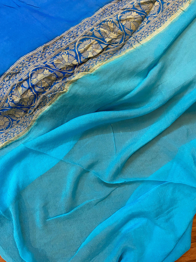 Luxurious Elegance: Blue Rangkaat Pure Khaddi Georgette Banarasi Saree - Shades Of Benares