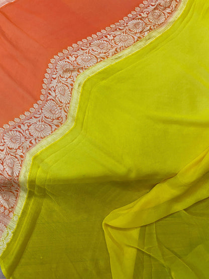 Luxurious Elegance: Yellow Rangkaat Pure Khaddi Georgette Banarasi Sari by Shades Of Benares - banarasi - banarasi saree shop