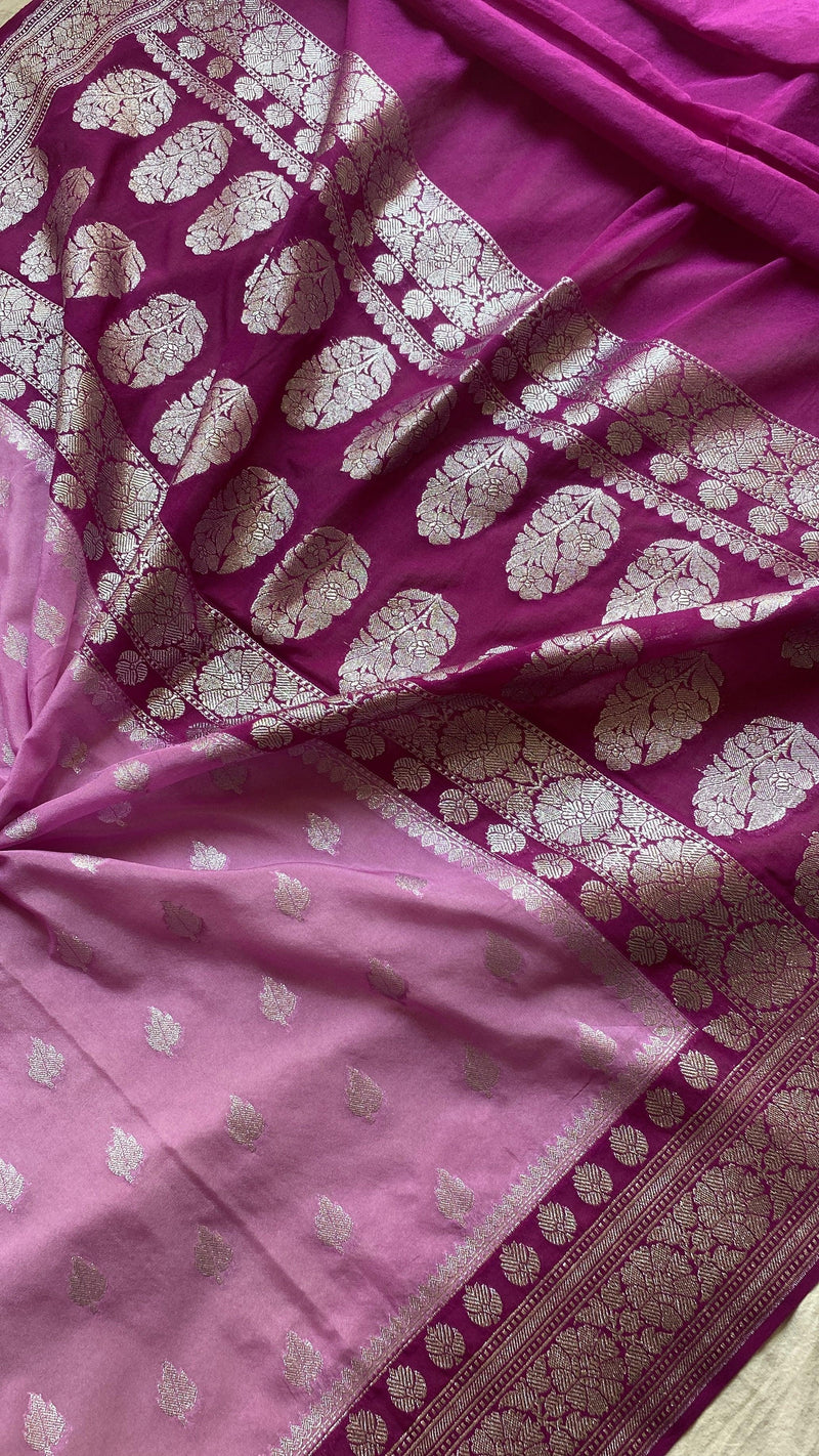 Luxurious Handwoven Pink Pure Chiffon Banarasi Sari - Shades Of Benares