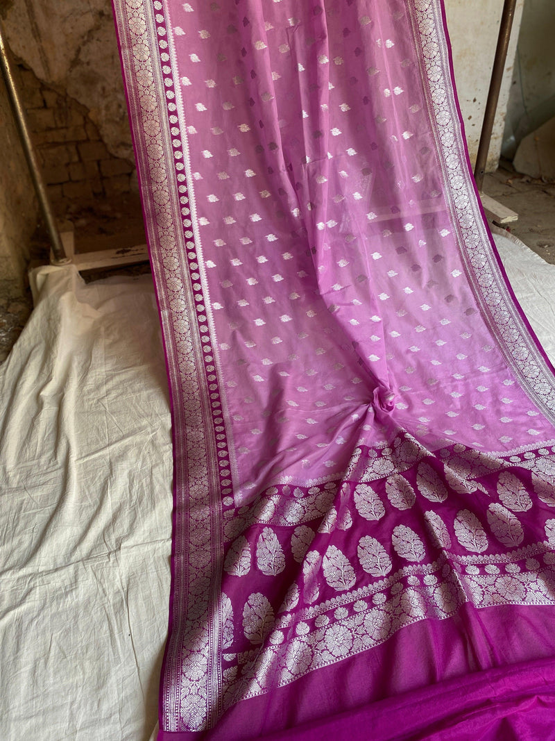 Luxurious Handwoven Pink Pure Chiffon Banarasi Sari - Shades Of Benares
