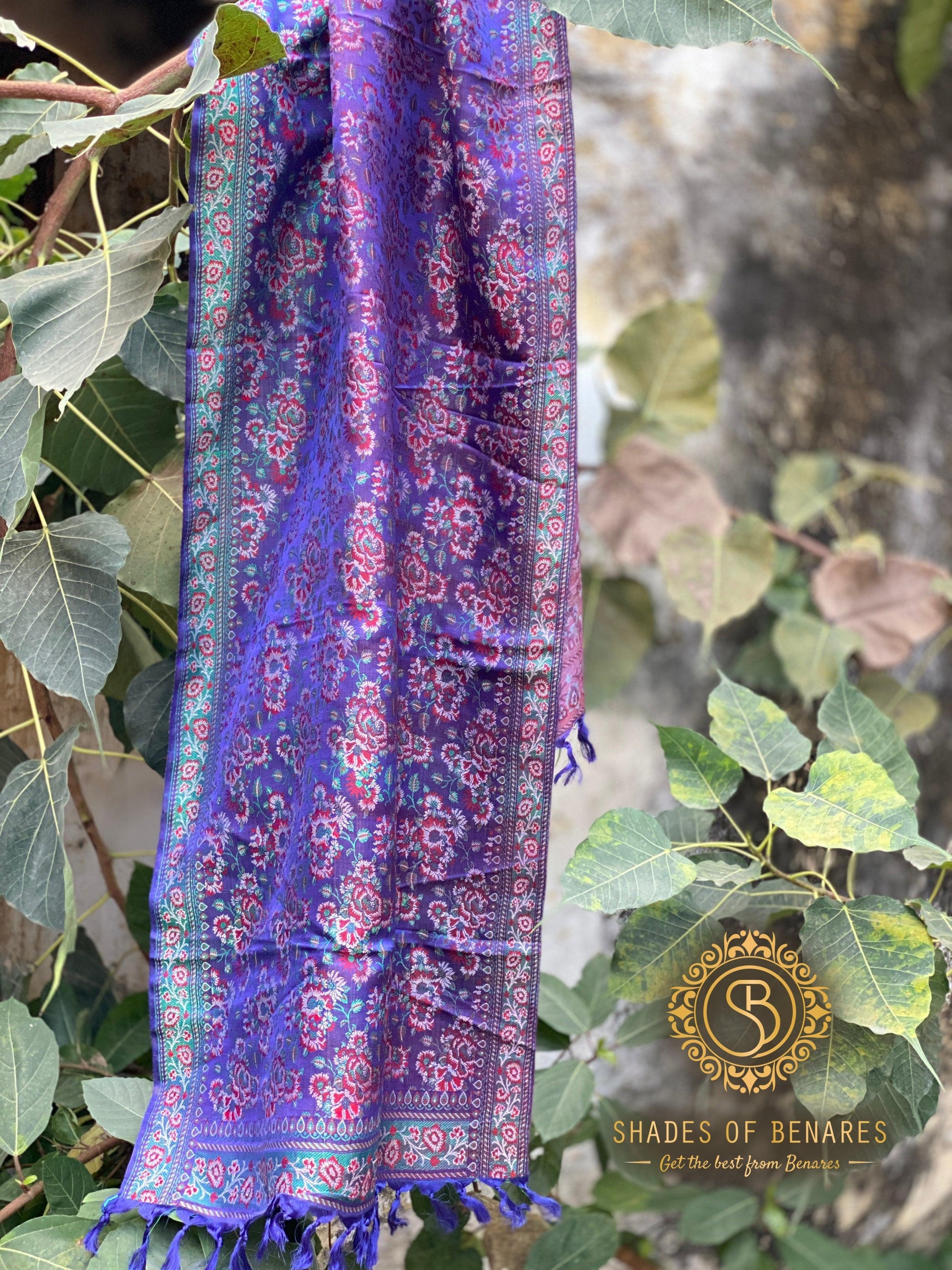 Luxurious Purple Pure Silk Handloom Printed Banarasi Silk Scarf by Shades Of Benares - banarasi - banarasi saree shop