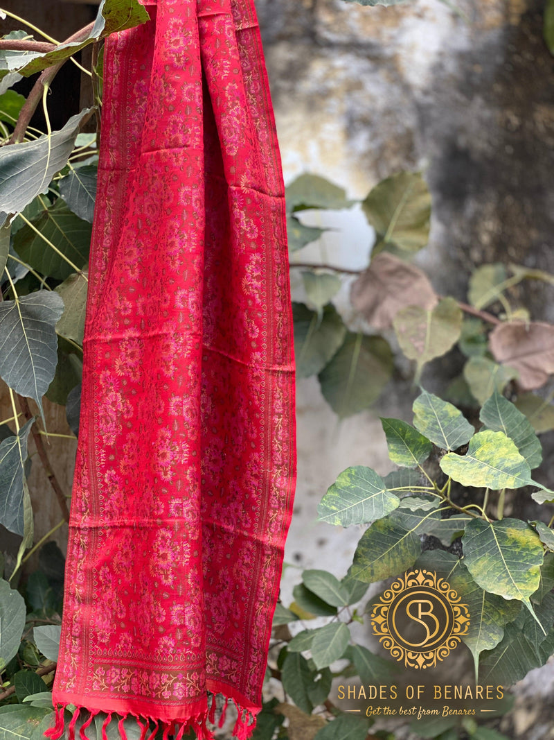 Luxurious Red Handloom Printed Banarasi Silk Scarf - Shades Of Benares