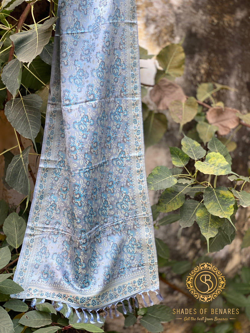 Luxury Redefined: Grey and Blue Handloom Printed Banarasi Silk Scarf - Shades Of Benares