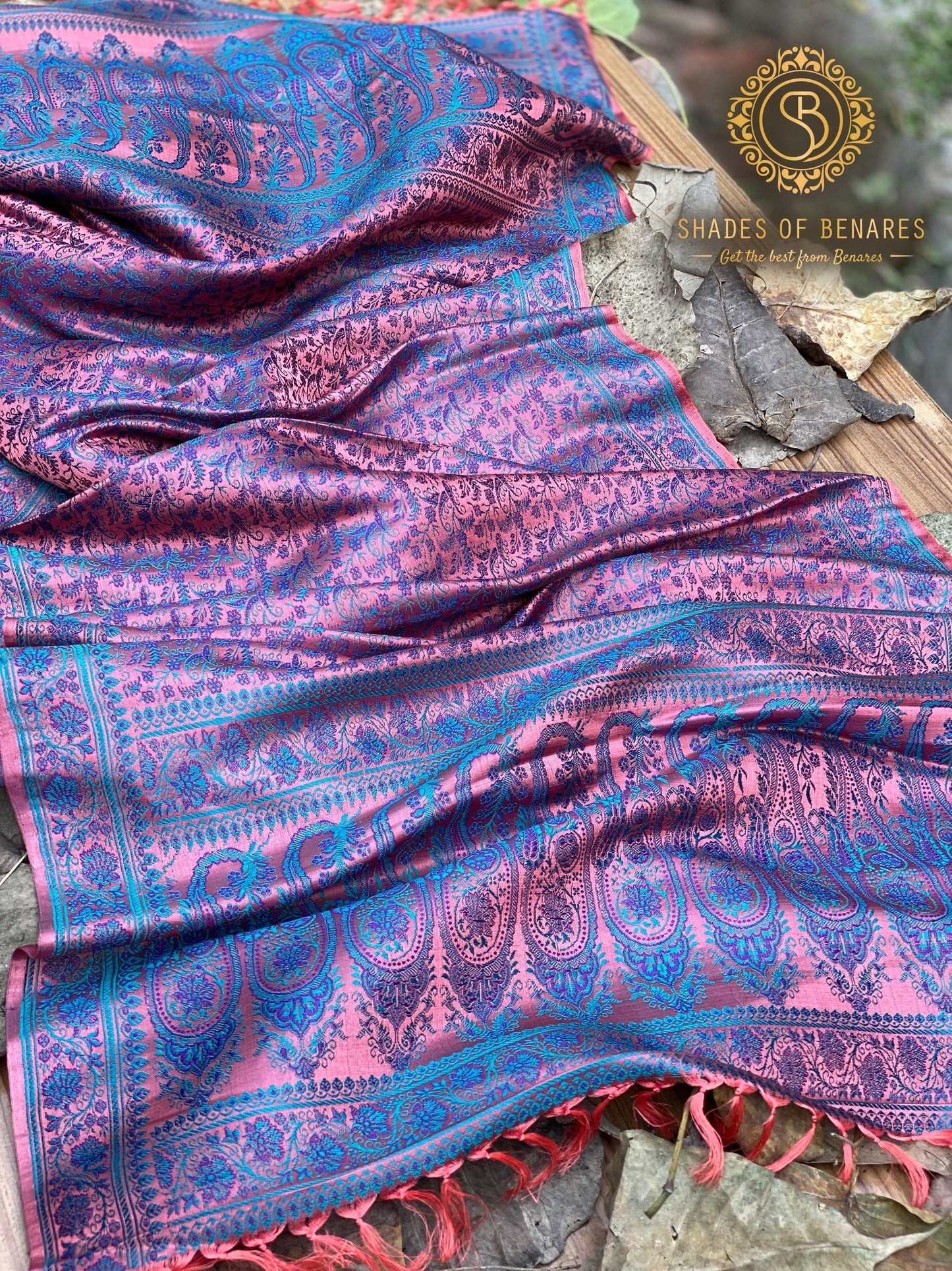 Luxury Redefined: Peach and Blue Pure Silk Handloom Printed Banarasi Silk Scarf by Shades Of Benares - banarasi - banarasi saree shop