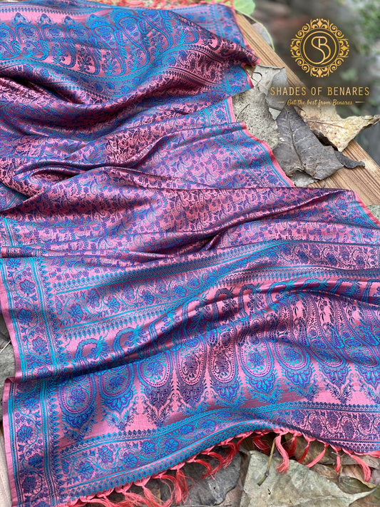 Luxury Redefined: Peach and Blue Pure Silk Handloom Printed Banarasi Silk Scarf by Shades Of Benares - banarasi - banarasi saree shop