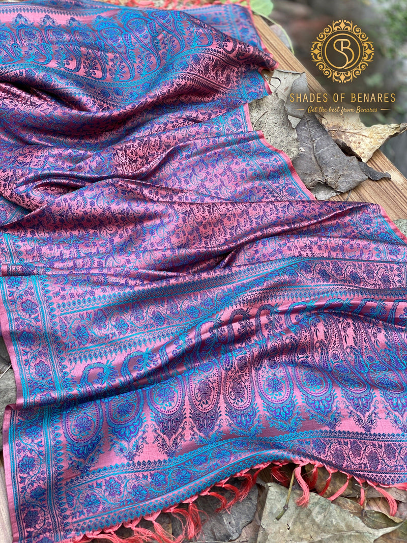 Luxury Redefined: Peach and Blue Pure Silk Handloom Printed Banarasi Silk Scarf - Shades Of Benares