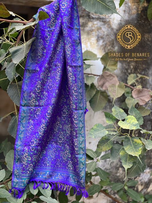 Luxury Redefined: Purple Handloom Printed Banarasi Silk Scarf by Shades Of Benares - banarasi - banarasi saree shop