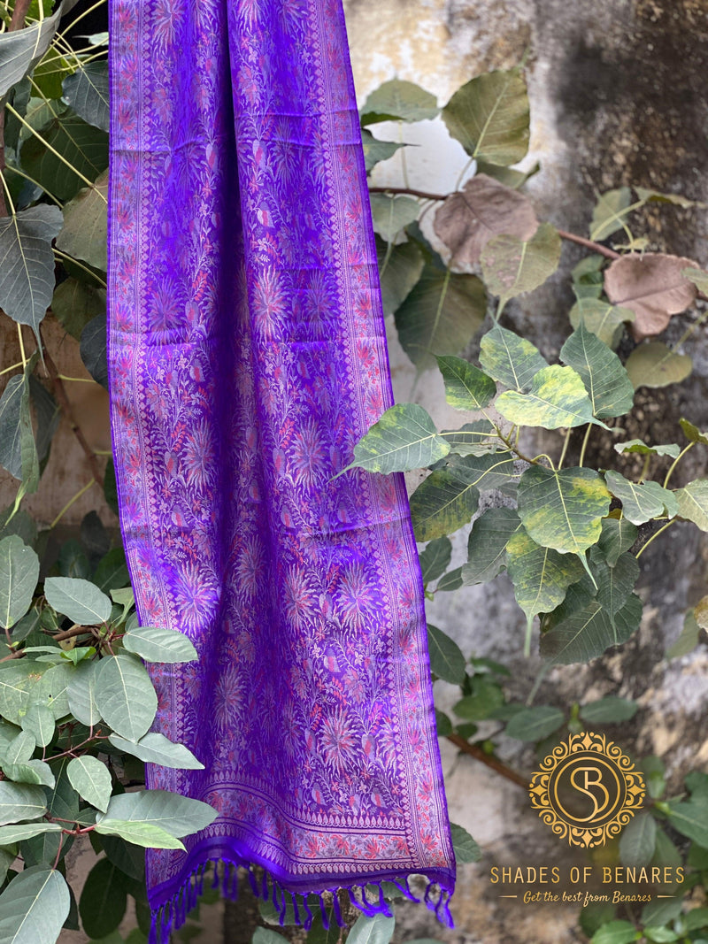 Luxury Redefined: Purple Pure Silk Handloom Printed Banarasi Silk Scarf - Shades Of Benares