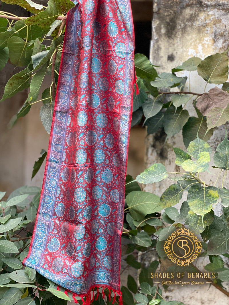 Luxury Redefined: Red and Blue Pure Silk Handloom Printed Banarasi Silk Scarf - Shades Of Benares