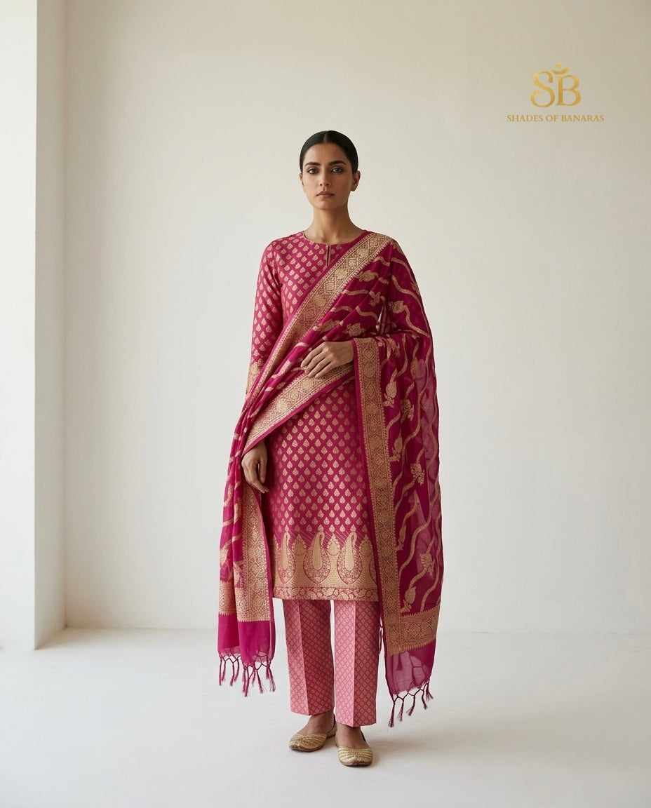 Magenta Bloom Refined Handloom Pure Cotton Silk Banarasi Suit Set