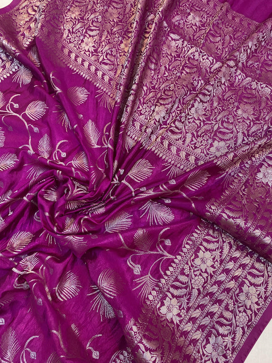 Magenta Handloom Crepe Butter Silk Banarasi Sari by Shades Of Benares - banarasi - banarasi saree shop