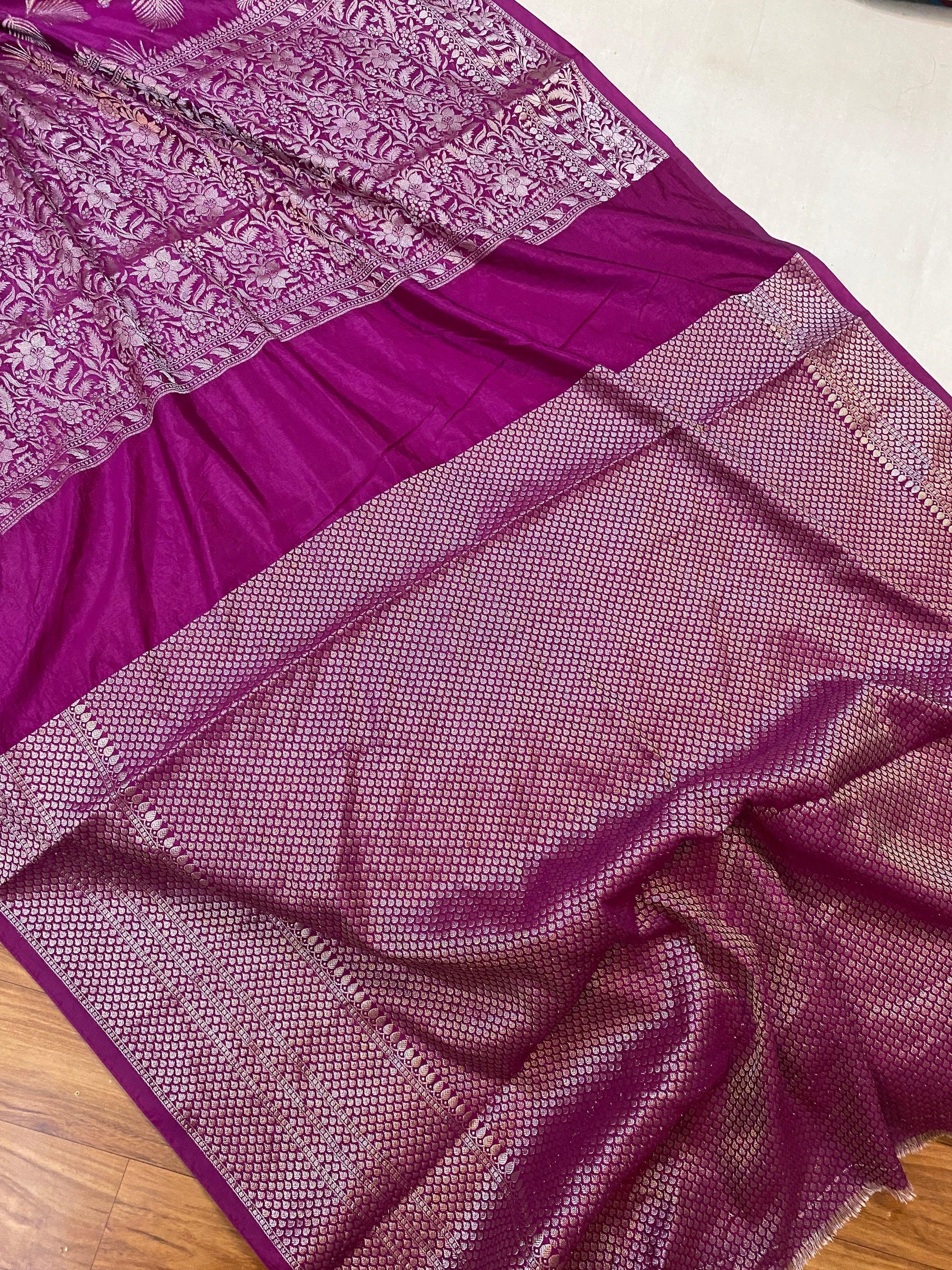 Magenta Handloom Crepe Butter Silk Banarasi Sari by Shades Of Benares - banarasi - banarasi saree shop