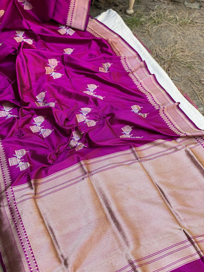 Magenta Kadhwa Sona Rupa Handloom Shikargaah Pure Silk Banarasi Sari - Exquisite Designer Sari by Shades Of Benares - banarasi - banarasi saree shop