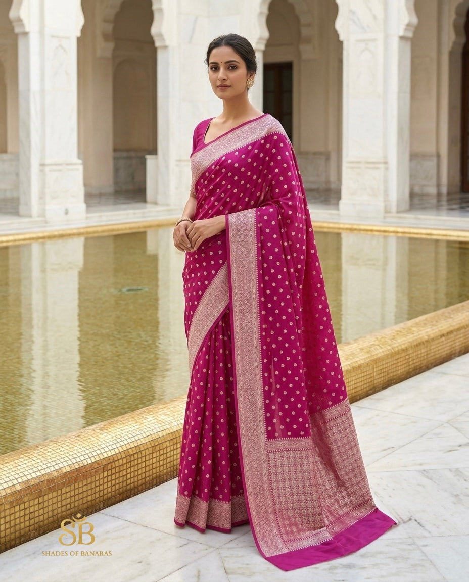 Magenta pink pure Katan silk Banarasi handloom saree with silver border