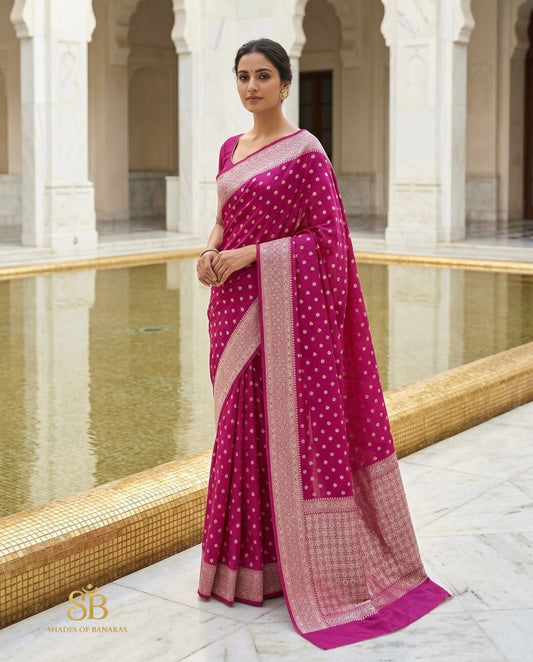 Magenta pink pure Katan silk Banarasi handloom saree with silver border