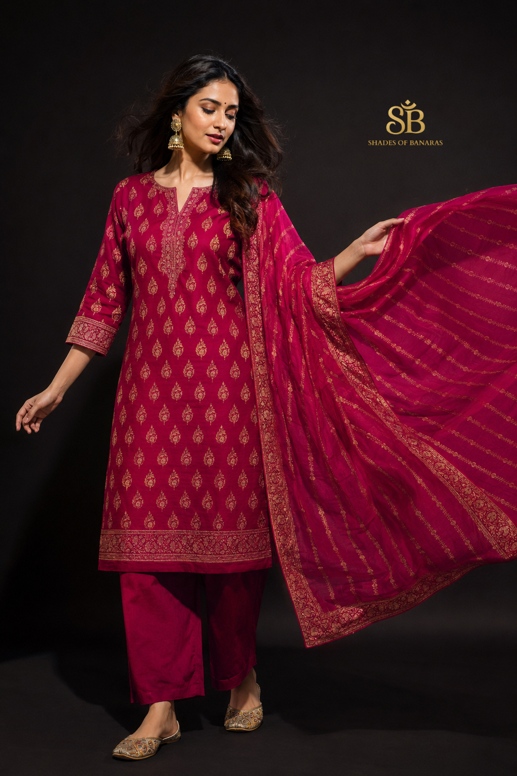 Opulent Magenta Pink Pure Cotton Silk Banarasi Suit Set - Shades of Banaras