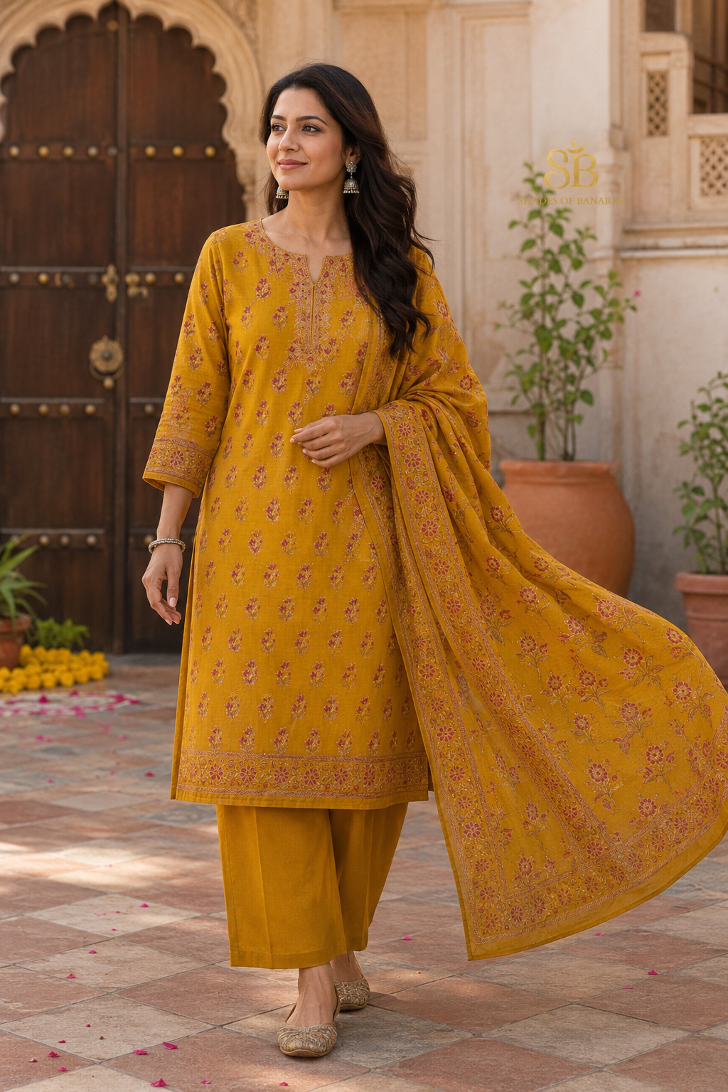 Golden Marigold Yellow Pure Cotton Silk Banarasi Suit Set - Shades of Banaras