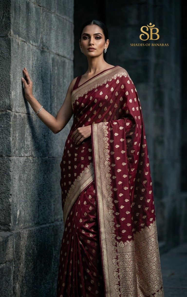 Bordò Imperiale maroon mango silk Banarasi saree with matt gold zari cutwork butis