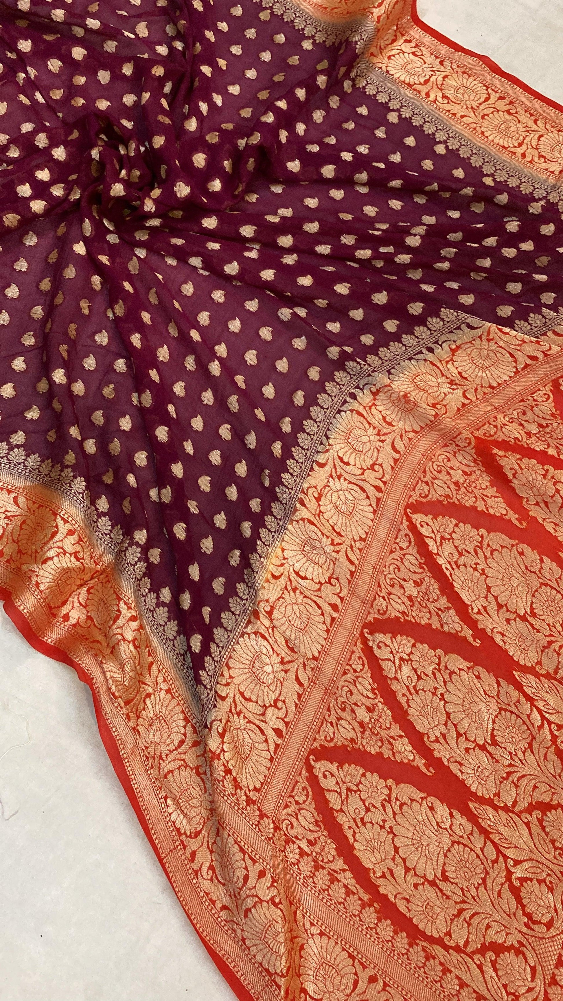 Maroon Pure Khaddi Georgette Banarasi Sari by Shades Of Benares - banarasi - banarasi saree shop