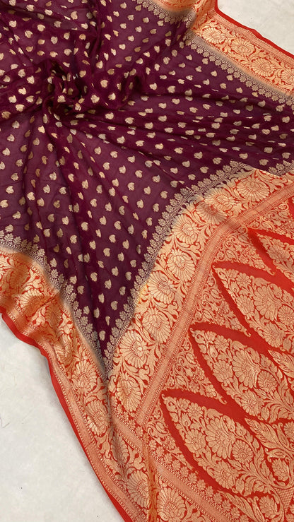 Maroon Pure Khaddi Georgette Banarasi Sari by Shades Of Benares - banarasi - banarasi saree shop