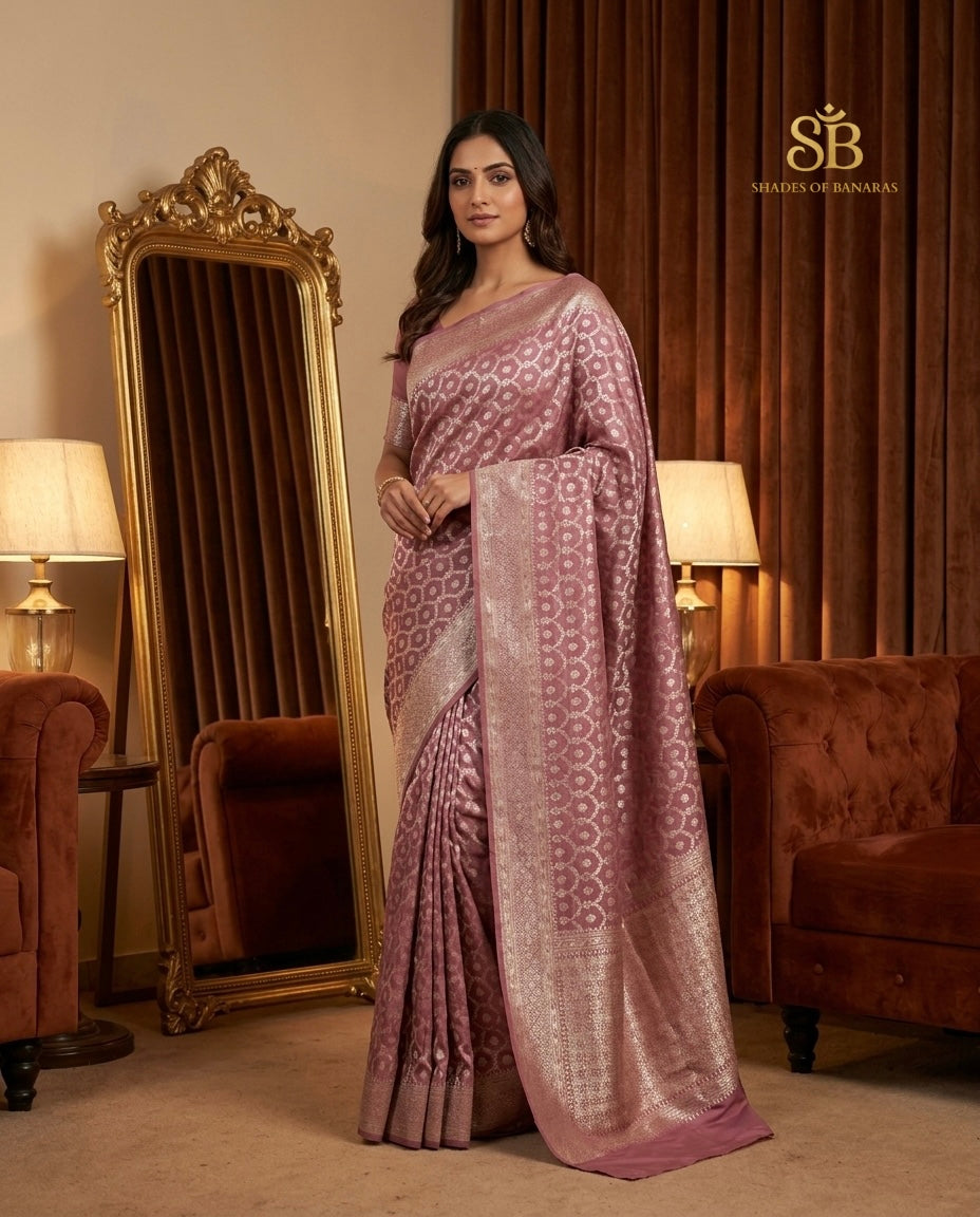 Mauve pure Katan silk Banarasi handloom saree with silver circular jaal