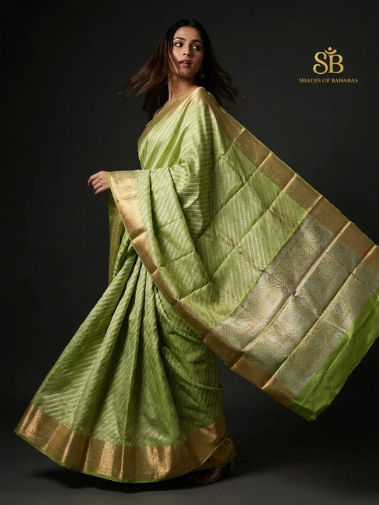 Meadow green silk brocade Banarasi handloom saree with diagonal weave