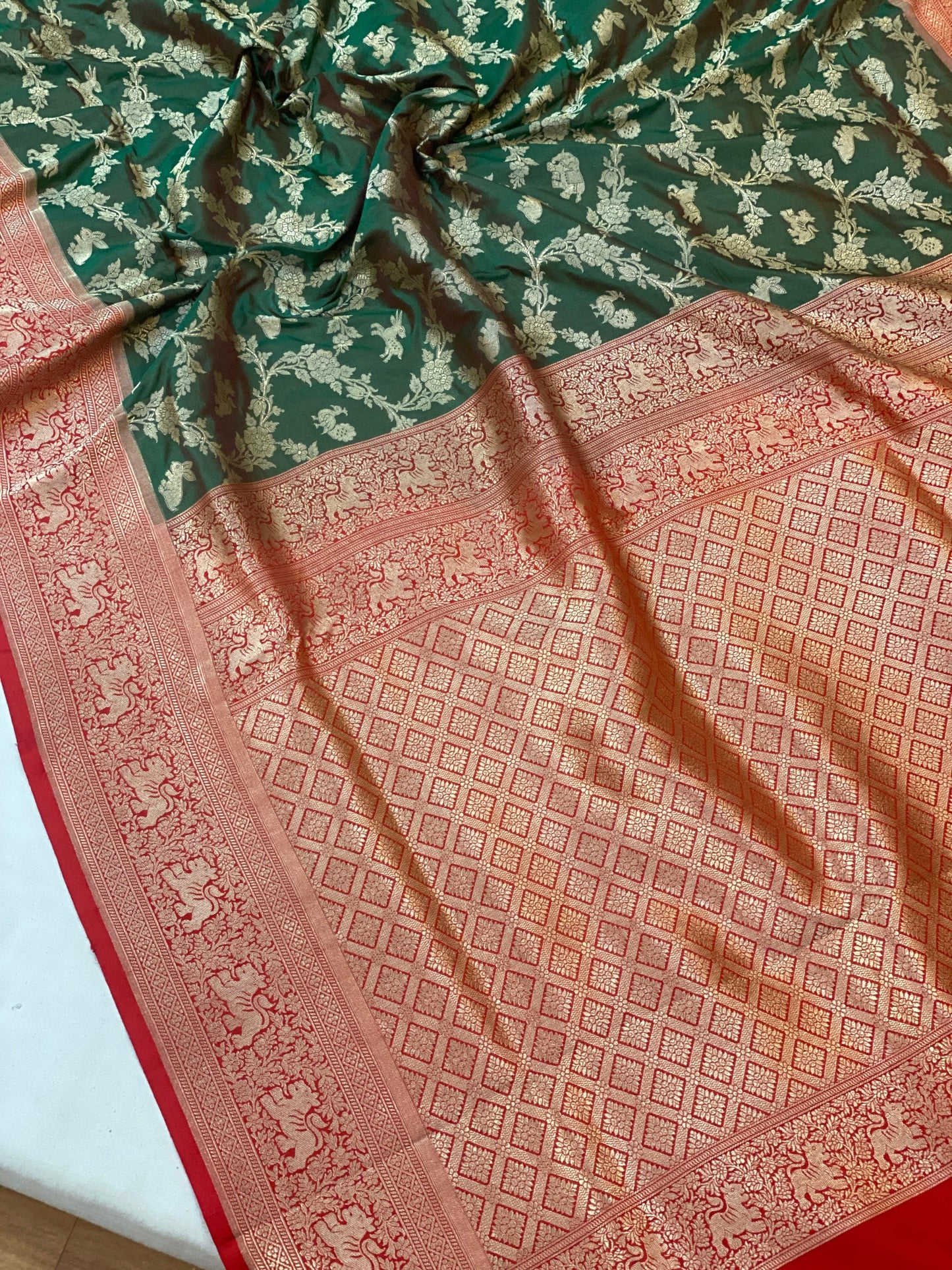 Mehendi Green Handloom Pure Banarasi Shikargah Silk Sari by Shades Of Benares - banarasi - banarasi saree shop