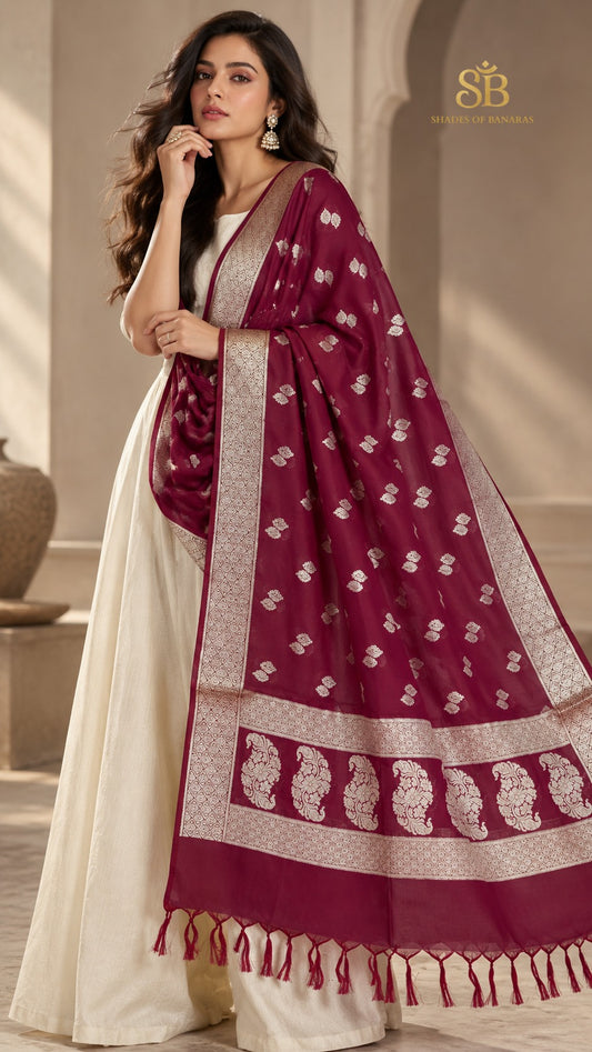 Merlot wine katan soft silk Banarasi handloom dupatta with cutwork butis and paisley end panel from Banaras