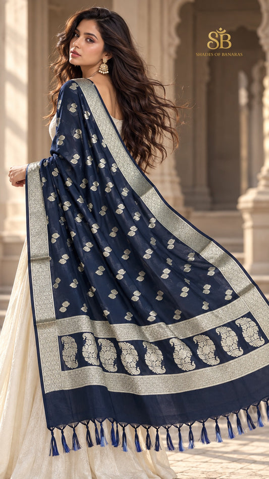 Midnight navy katan soft silk Banarasi handloom dupatta with cutwork butis and paisley end panels from Banaras