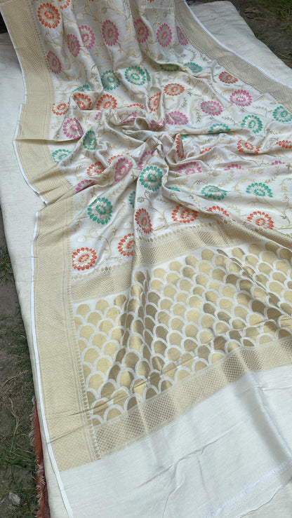 Minaakari Off White Pure Banarasi Silk Sari by Shades Of Benares - banarasi - banarasi saree shop