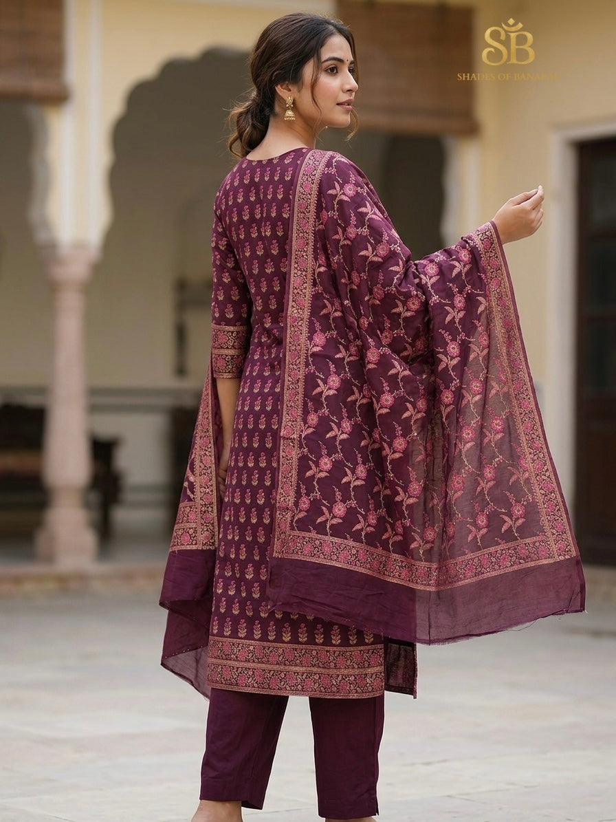 Mystic Aubergine Purple Luxe Handloom Banarasi Katan Silk Suit Set - Shades of Banaras