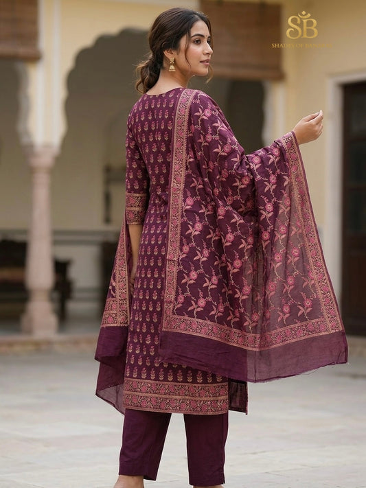 Mystic Aubergine Purple Luxe Handloom Banarasi Katan Silk Suit Set - Shades of Banaras