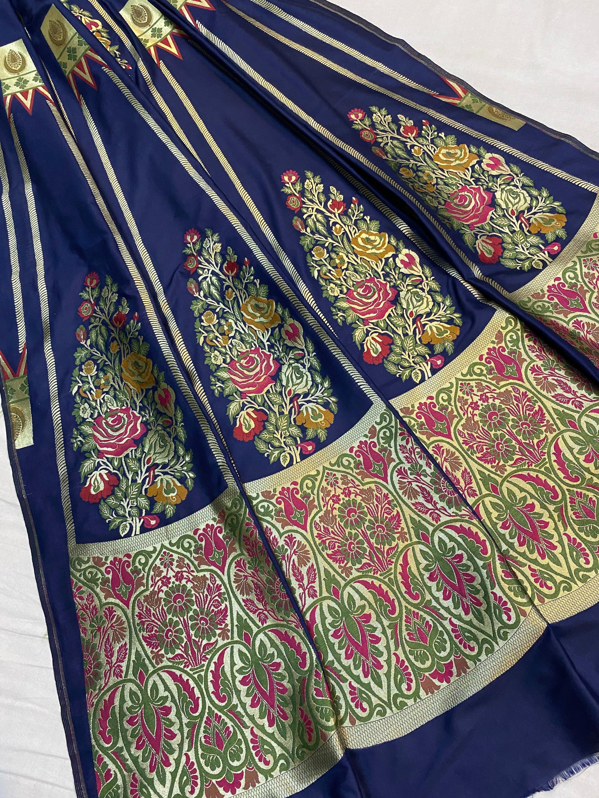 Navy Blue Banarasi Katan Silk Handloom Lehenga by Shades Of Benares - banarasi - banarasi saree shop