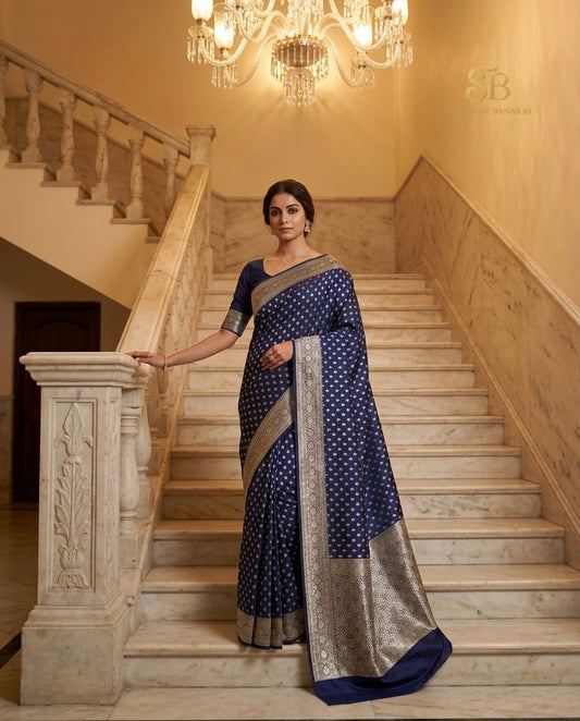 Navy blue pure Katan silk Banarasi handloom saree on marble staircase