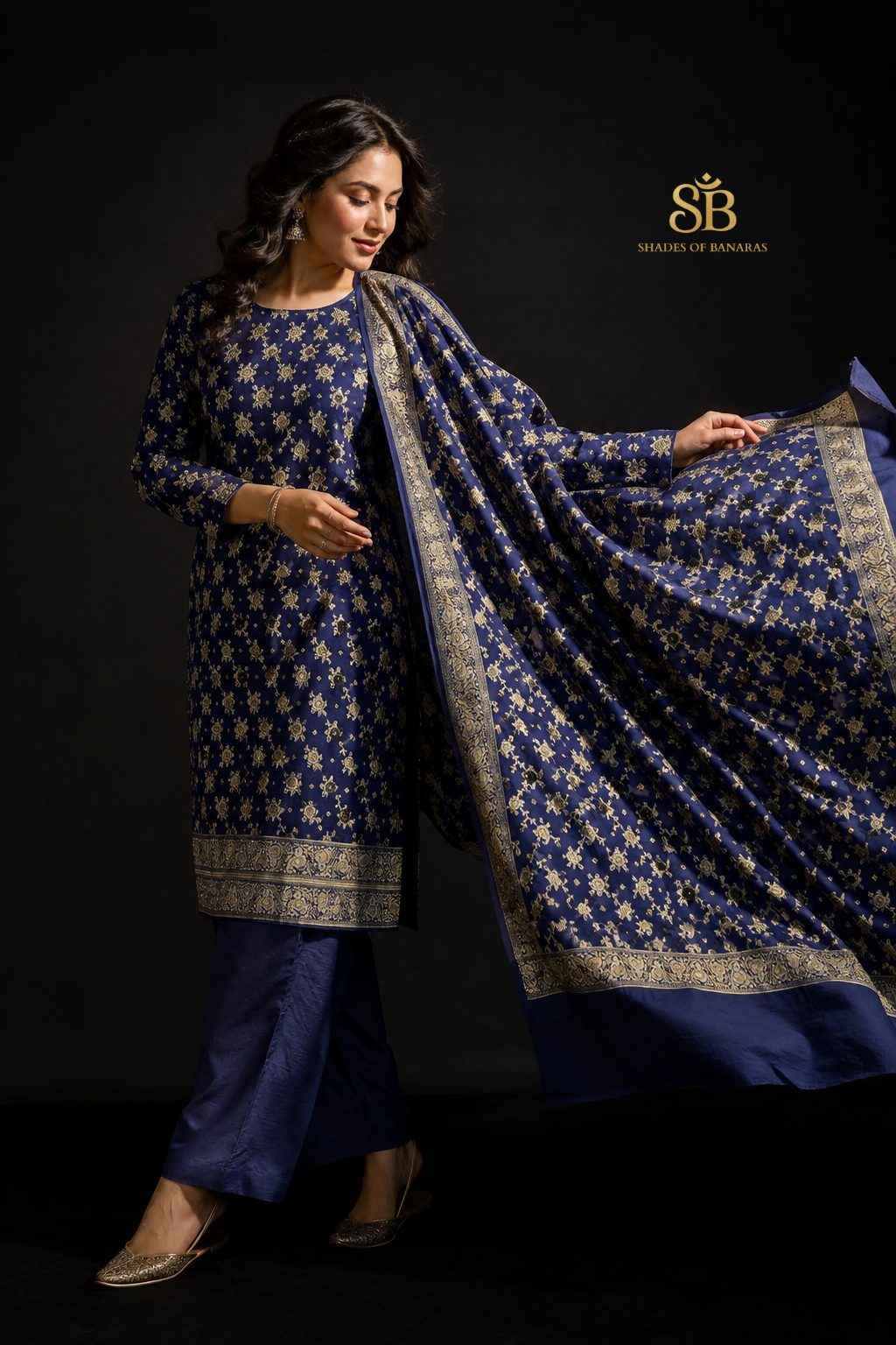 Midnight Navy Blue Pure Cotton Silk Banarasi Suit Set - Shades of Banaras