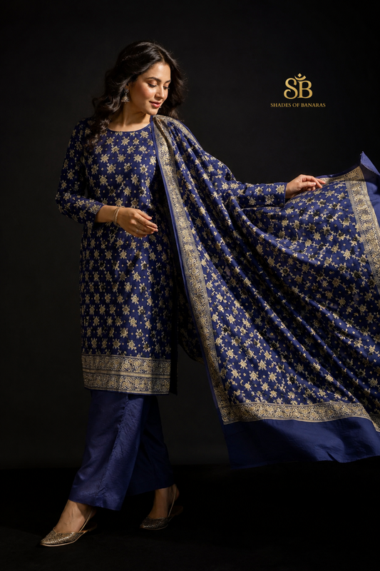 Midnight Navy Blue Pure Cotton Silk Banarasi Suit Set - Shades of Banaras