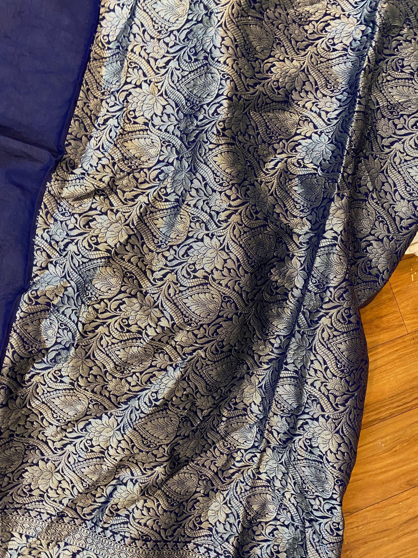 Navy Blue Handwoven Golden Zari Cotton Silk Banarasi Sari by Shades Of Benares - banarasi - banarasi saree shop