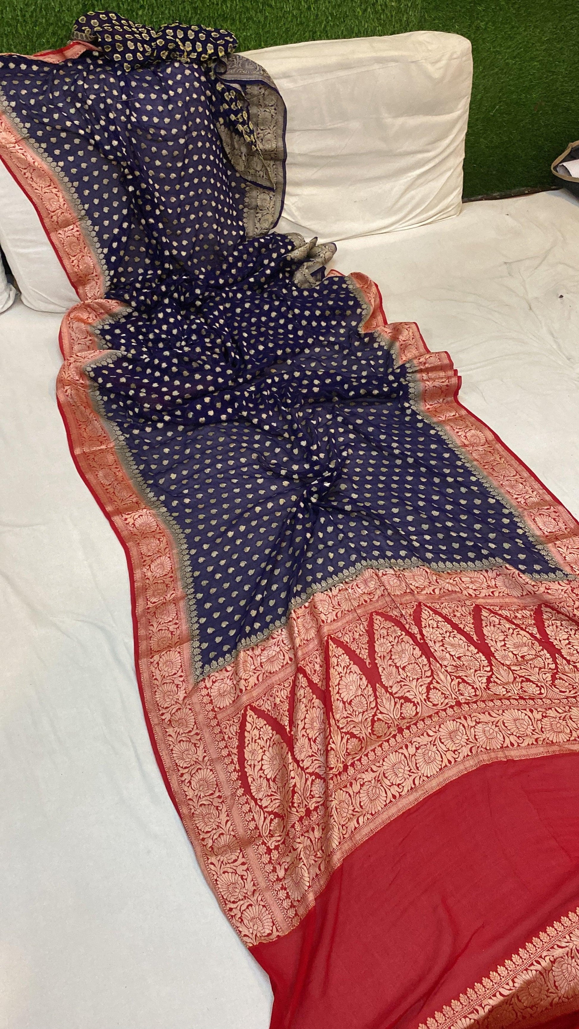 Navy Blue Pure Khaddi Georgette Banarasi Sari by Shades Of Benares - banarasi - banarasi saree shop