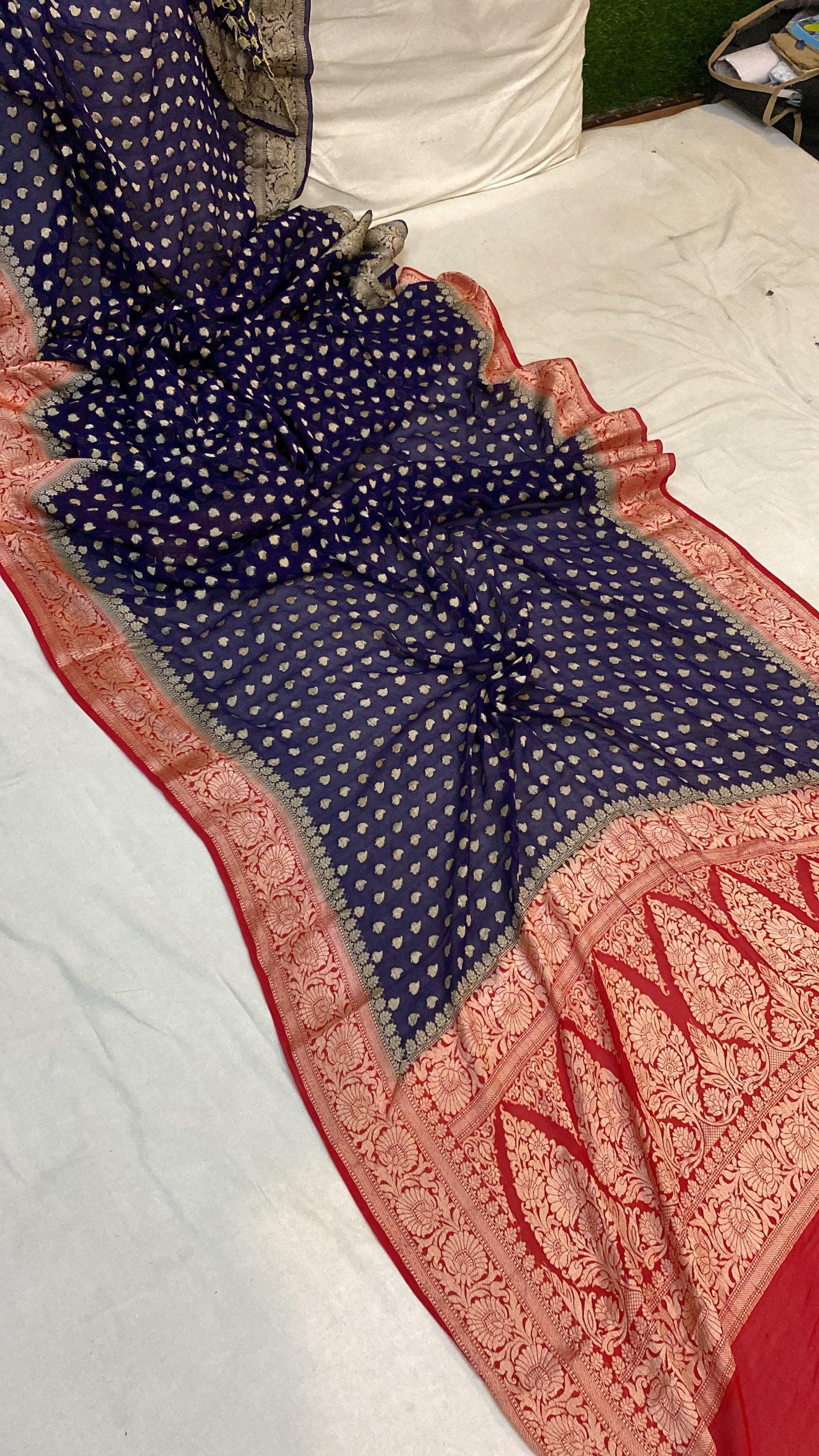 Navy Blue Pure Khaddi Georgette Banarasi Sari by Shades Of Benares - banarasi - banarasi saree shop