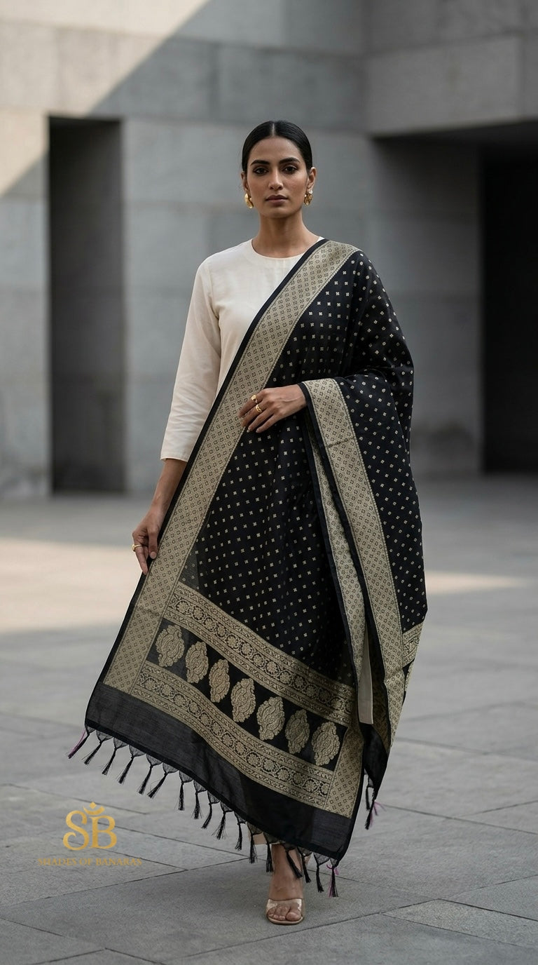 Obsidian Regal Black Luxe Handloom Banarasi Katan Silk Dupatta - Shades of Banaras