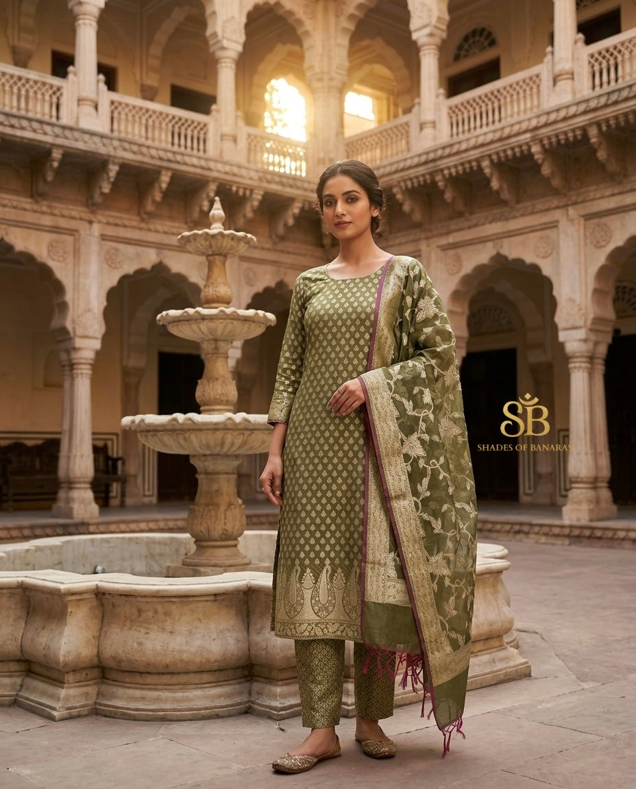 Olive Green pure cotton silk Banarasi handloom unstitched suit set