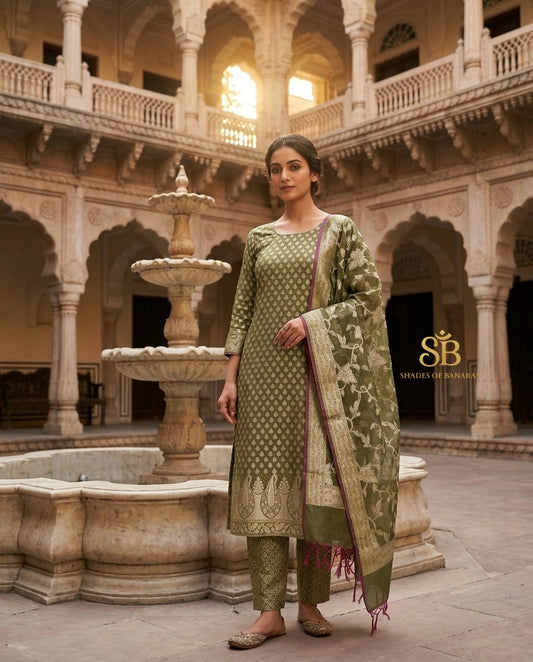 Olive Green pure cotton silk Banarasi handloom unstitched suit set